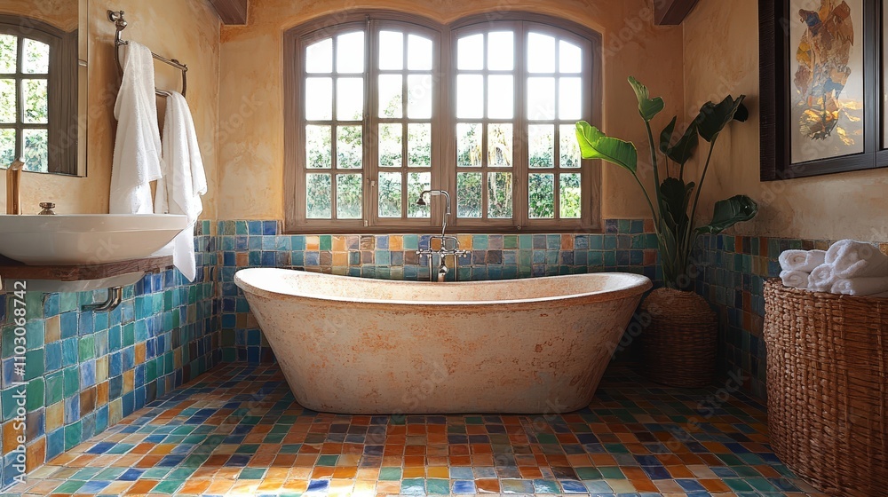 A cozy bathroom featuring a stone bathtub, colorful tile flooring, and natural light streaming through large windows.