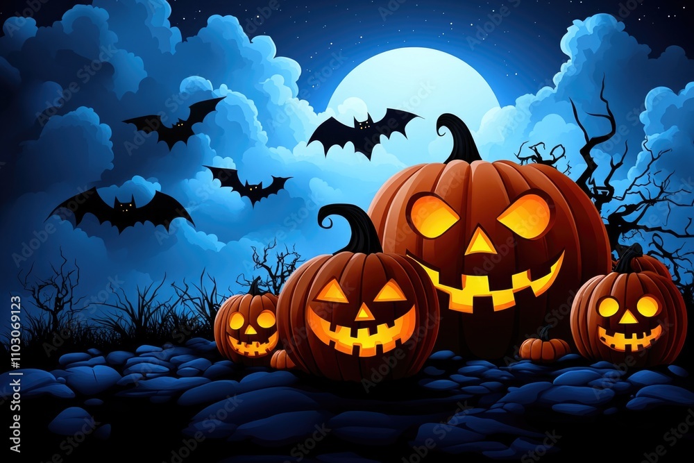 Spooky Halloween Night with Carved Pumpkins and Flying Bats Spooky Halloween Night with Carved Pumpkins and Flying Bats