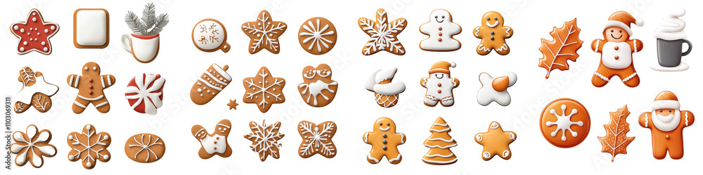 Fototapeta premium Cartoon-style gingerbread cookies, isolated on white background. Collection PNG.