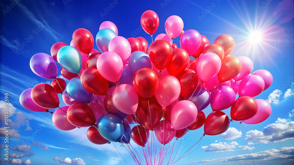 Heart-shaped balloons in red and pink floating in blue sky