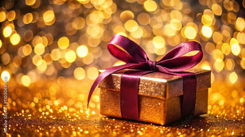 Golden gift box with ribbon on sparkling background Golden gift box with ribbon on sparkling background