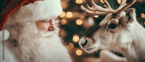Santa claus and reindeer sharing a magical christmas moment by the twinkling lights photo