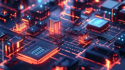 Dynamic data flow is illustrated in a vibrant digital landscape, resembling a city built on a circuit board. Light trails connect structures, symbolizing connectivity and technology integration