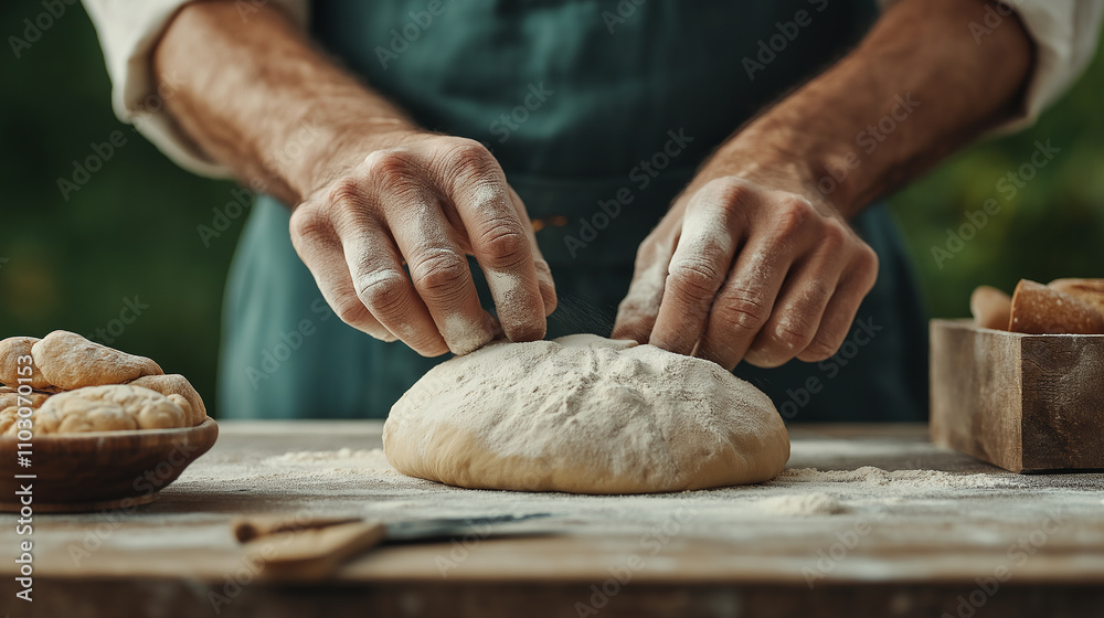 Baker hands kneading dough on wooden table, surrounded by flour and bread. scene captures art of baking with rustic, warm atmosphere Baker hands kneading dough on wooden table, surrounded by flour and bread. scene captures art of baking with rustic, warm atmosphere