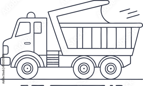 line drawing of dump truck, line art vector illustration