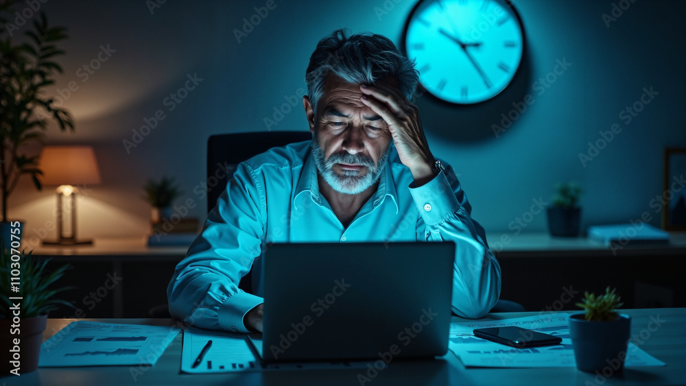 Burnout in Online Trading: Middle-Aged Man Struggles with Fatigue and Stress at Midnight Office - Perfect for Corporate Wellness Articles Burnout in Online Trading: Middle-Aged Man Struggles with Fatigue and Stress at Midnight Office - Perfect for Corporate Wellness Articles