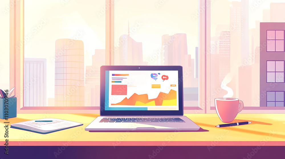 Fototapeta premium A minimalist office desk featuring an open laptop displaying colorful charts and graphs, surrounded by a notebook, sleek pen, and a cup of steaming coffee