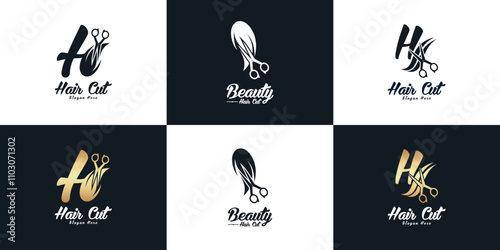 Hair cut design element vector logo with creative modern cool concept Premium Vector
