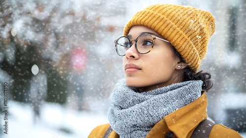 A person wearing a stylish ribbed beanie, bundled up in a winter coat and scarf, standing in a snowy outdoor setting 
