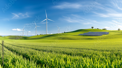 serene landscape showing vast solar farm and wind turbines on rolling green hills, symbolizing renewable energy and sustainability