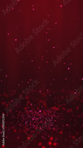 Red particles twirling on the ground and flying in the air with light rays at the top center, vertical composition. Event and banner background.