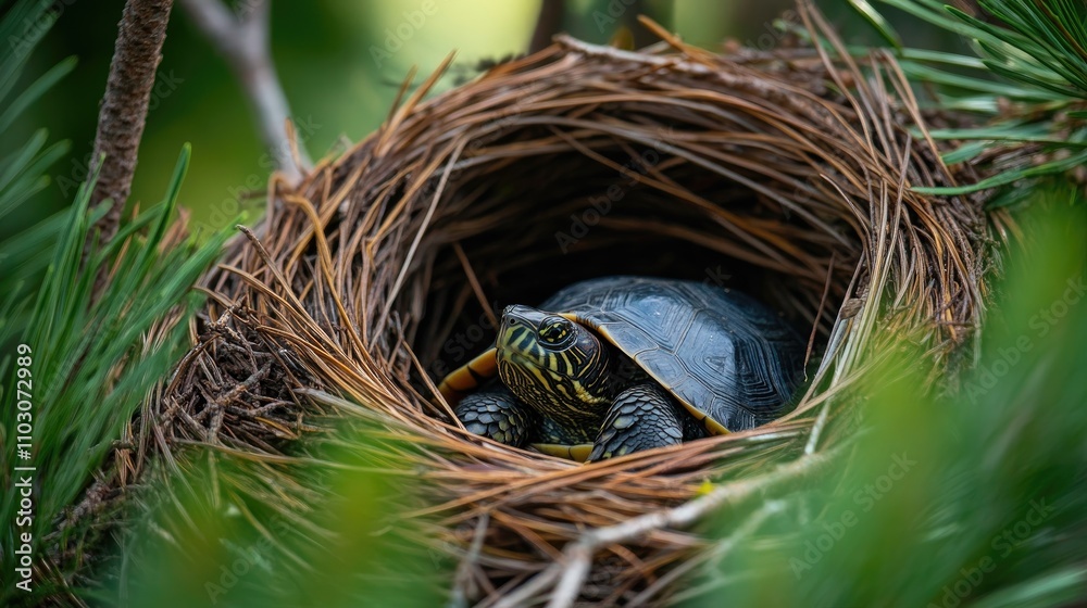 Turtle lounging comfortably in a nest of intertwined pine needles surrounded by lush greenery on a sunny summer afternoon. Turtle lounging comfortably in a nest of intertwined pine needles surrounded by lush greenery on a sunny summer afternoon.