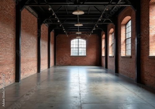 Spacious industrial room with large windows and exposed brick walls