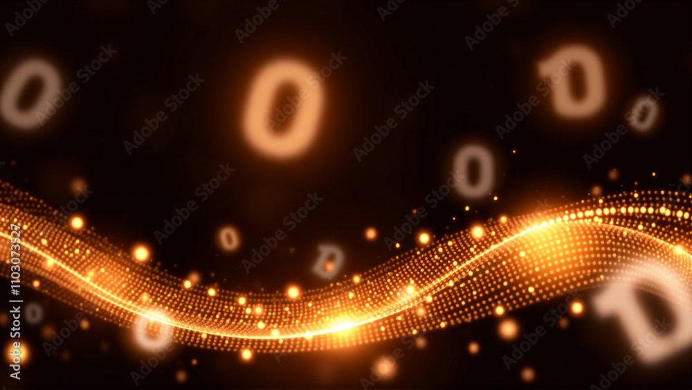 Obraz premium Digital wave pattern with binary code and glowing particles in a futuristic design