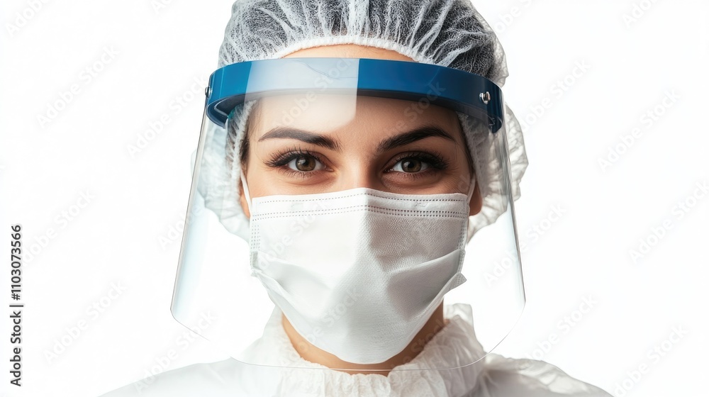 Smiling Health Professional in Protective Gear with Face Mask and Clear Shield Against a Bright Background Smiling Health Professional in Protective Gear with Face Mask and Clear Shield Against a Bright Background
