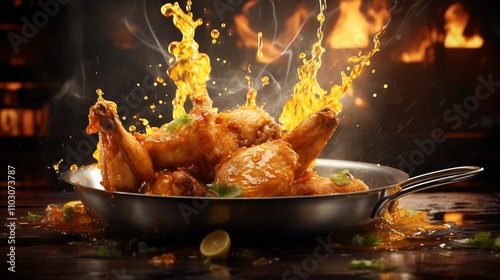 Dramatic and mouthwatering image of crispy golden chicken wings soaring above a sizzling frying pan with splashes of hot oil and steam rising dramatically