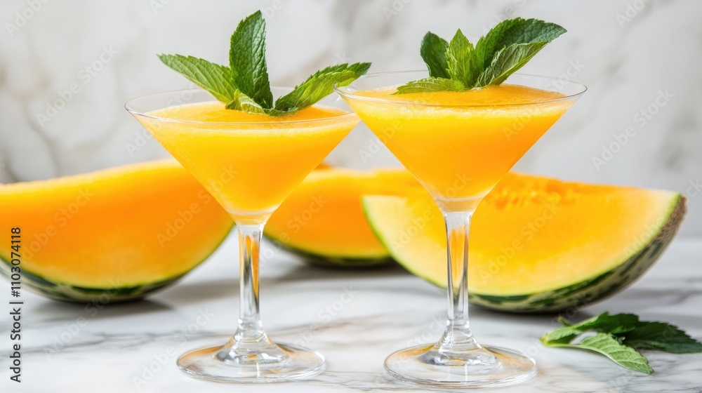 Vibrant melon cocktails in elegant martini glasses topped with fresh mint leaves, surrounded by colorful melon slices on a marble surface. Vibrant melon cocktails in elegant martini glasses topped with fresh mint leaves, surrounded by colorful melon slices on a marble surface.