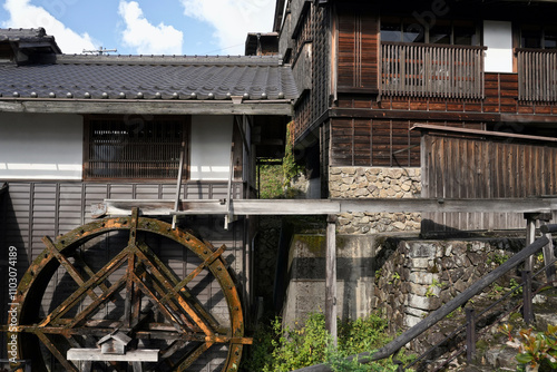 Watermill inside the ancient village of Magome-juku in Nakatsugawa City, Gifu Prefecture, Japan.
