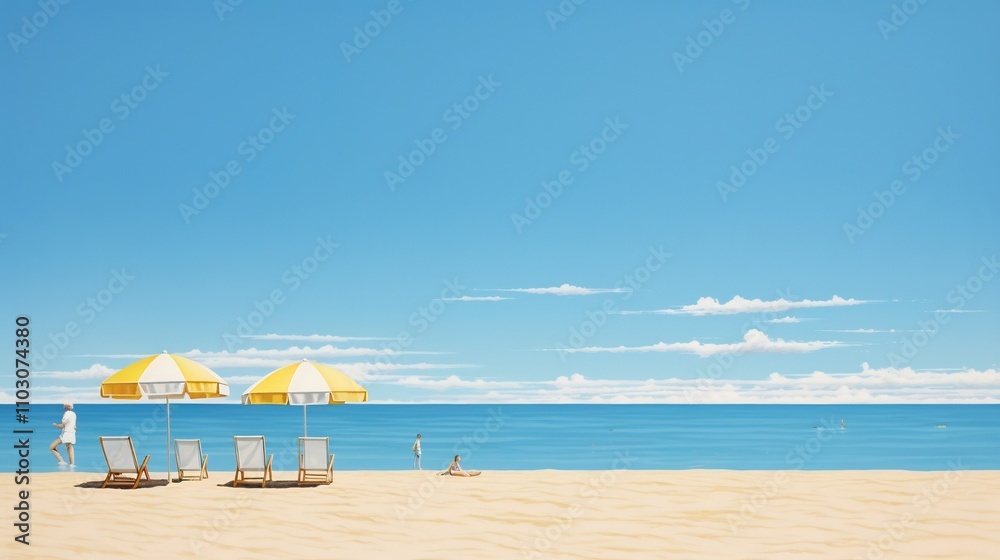 Tranquil and picturesque beach scene featuring a clear azure sky golden sand and gentle waves lapping at the shore the perfect backdrop for a relaxing and rejuvenating holiday experience Tranquil and picturesque beach scene featuring a clear azure sky golden sand and gentle waves lapping at the shore the perfect backdrop for a relaxing and rejuvenating holiday experience
