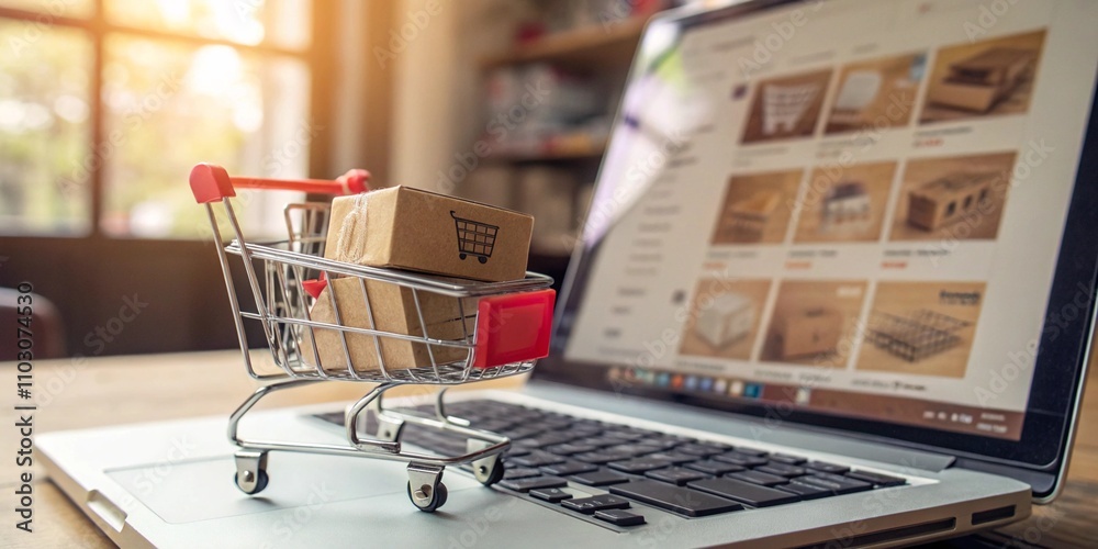 Shopping cart on a laptop, theme of e-commerce and online purchase. Shopping cart on a laptop, theme of e-commerce and online purchase.