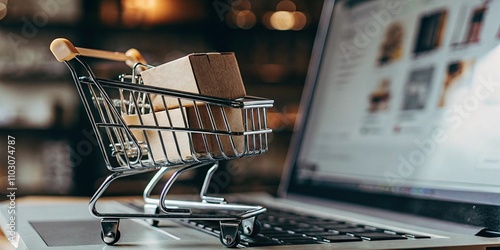 Shopping cart on a laptop, theme of e-commerce and online purchase.  photo