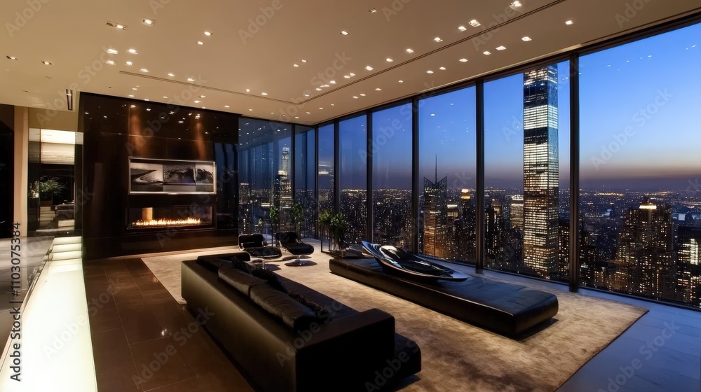 This modern apartment showcases a minimalist design with sleek furnishings and large glass windows, offering a breathtaking view of the city skyline as night falls This modern apartment showcases a minimalist design with sleek furnishings and large glass windows, offering a breathtaking view of the city skyline as night falls