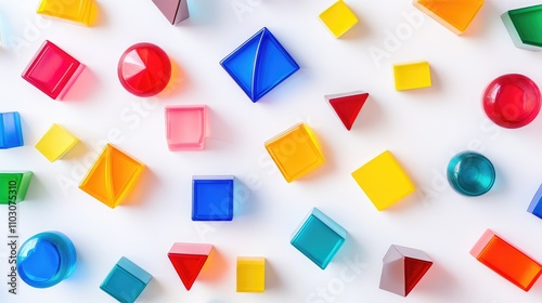 Colorful geometric game pieces scattered on a clean white surface, symbolizing social inclusion and playful interaction in a vibrant visual display.