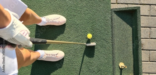 Legs woman golphist with golf club and ball photo