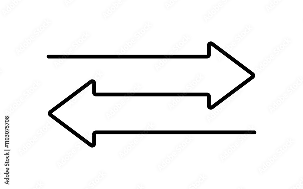 Transfer double arrow icon. Two opposite direction symbol. Exchange line arrow icon. Remove sign. Transfer symbol. Vector illustration isolated on white background. Transfer double arrow icon. Two opposite direction symbol. Exchange line arrow icon. Remove sign. Transfer symbol. Vector illustration isolated on white background.