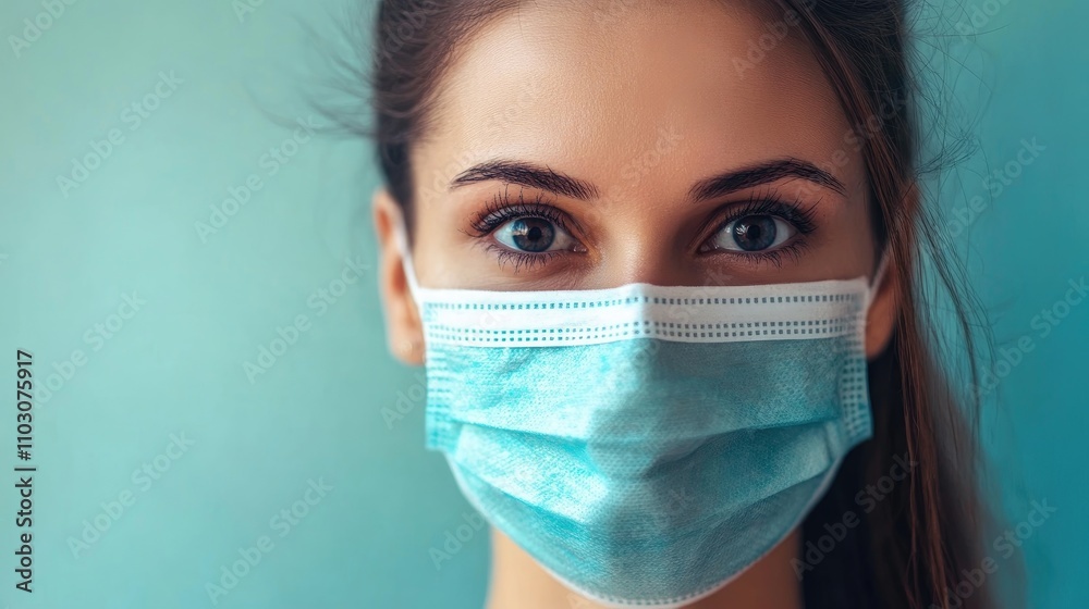 Home testing kit for COVID-19 featuring a woman wearing a blue surgical mask against a soft gradient background. Home testing kit for COVID-19 featuring a woman wearing a blue surgical mask against a soft gradient background.