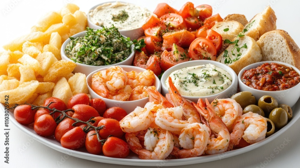 Delicious seafood platter with shrimp, bread, cherry tomatoes, olives, and creamy dips beautifully arranged on a white background. Delicious seafood platter with shrimp, bread, cherry tomatoes, olives, and creamy dips beautifully arranged on a white background.
