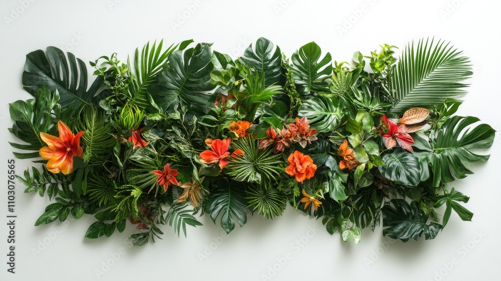 Lush tropical foliage featuring vibrant orange and red flowers against a clean white background, perfect for adding personalized text or graphics. Lush tropical foliage featuring vibrant orange and red flowers against a clean white background, perfect for adding personalized text or graphics.