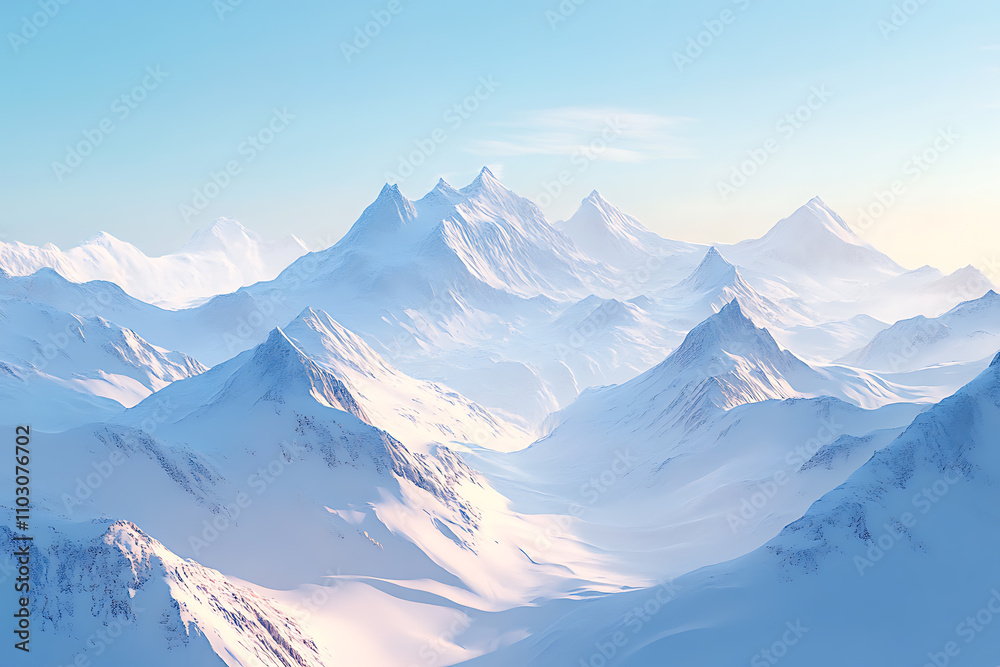 Majestic snow-covered mountains under a clear blue sky, with soft sunlight reflecting off the icy peaks. A serene and timeless winter wonderland