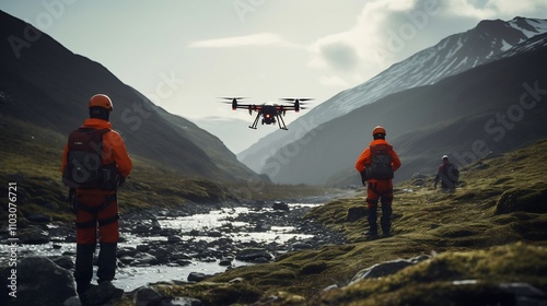 Rescue team using advanced drone technology to search and locate missing hikers in a remote rugged mountain wilderness area  Aerial view of the as they work to find and assist the lost individuals