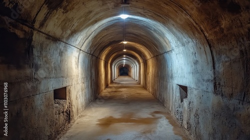 Vaulted underground tunnel with concrete walls and dim lighting, showcasing a historical shelter's architectural design and atmosphere.