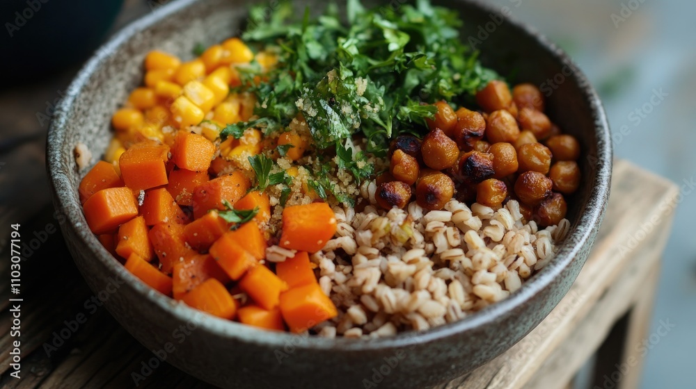 Vibrant vegan grain bowl featuring brown rice, roasted chickpeas, corn, and fresh herbs topped with diced carrots and a sprinkle of seasoning