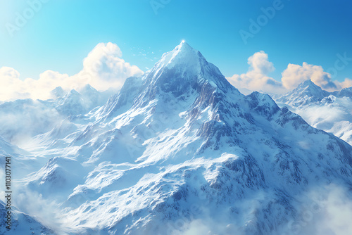 Majestic snow-covered mountains under a clear blue sky, with soft sunlight reflecting off the icy peaks. A serene and timeless winter wonderland