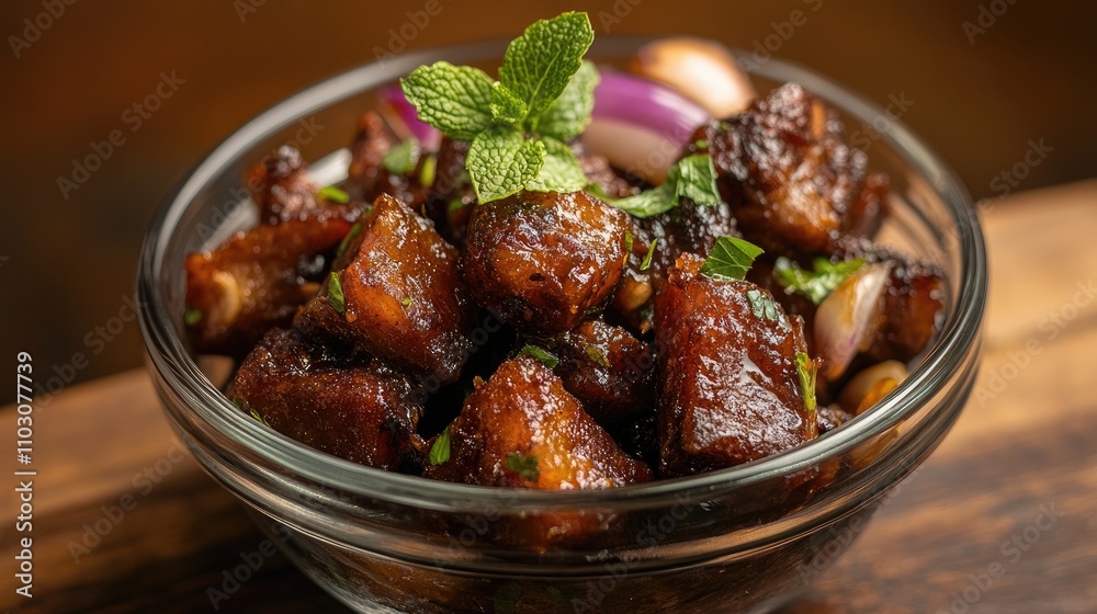 Roasted kibe chunks in a glass bowl, garnished with fresh mint, garlic, and onion, showcasing a rich flavor and appetizing texture. Roasted kibe chunks in a glass bowl, garnished with fresh mint, garlic, and onion, showcasing a rich flavor and appetizing texture.
