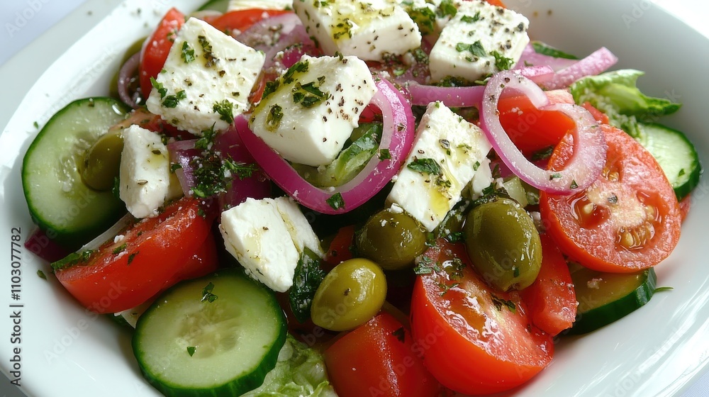 Colorful Greek salad with fresh cucumbers, tomatoes, sweet peppers, lettuce, red onions, feta cheese, and olives, drizzled with olive oil, presented from above. Colorful Greek salad with fresh cucumbers, tomatoes, sweet peppers, lettuce, red onions, feta cheese, and olives, drizzled with olive oil, presented from above.