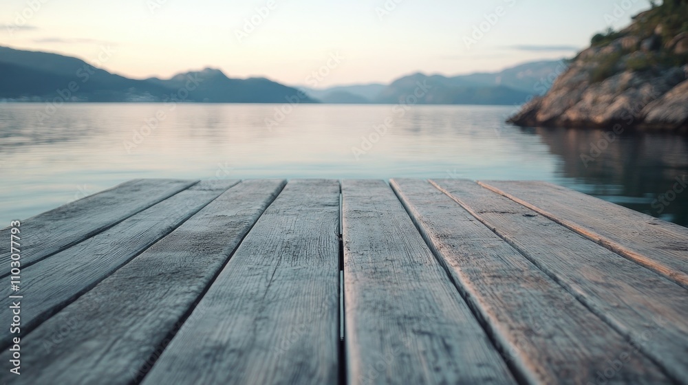 Fototapeta premium Weathered wooden table overlooking a serene lake at dusk, perfect for displaying fishing products with ample text space available.