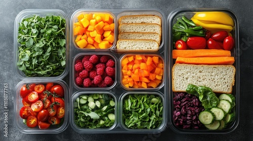Colorful lunch box filled with fresh vegetables, fruits, and a sandwich, organized neatly in containers from a top view perspective.
