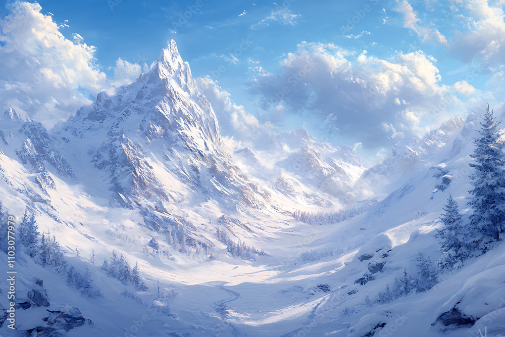 Majestic snow-covered mountains under a clear blue sky, with soft sunlight reflecting off the icy peaks. A serene and timeless winter wonderland Majestic snow-covered mountains under a clear blue sky, with soft sunlight reflecting off the icy peaks. A serene and timeless winter wonderland