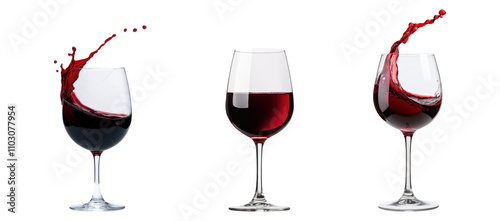 set of elegant wine glasses filled with red wine isolated on transparent background.