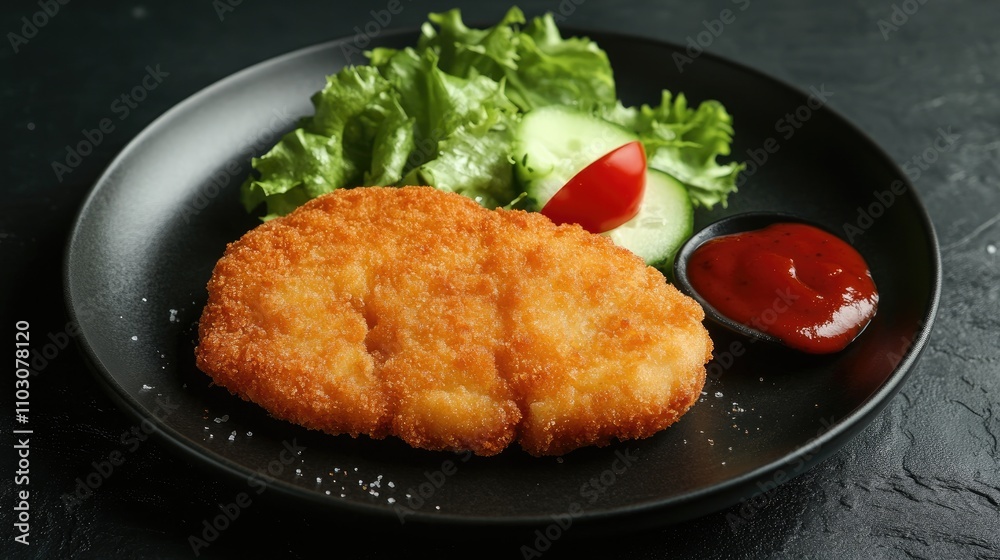 Crispy breaded cutlet served with fresh lettuce, cucumber slices, cherry tomatoes, and a side of ketchup on a black plate Crispy breaded cutlet served with fresh lettuce, cucumber slices, cherry tomatoes, and a side of ketchup on a black plate