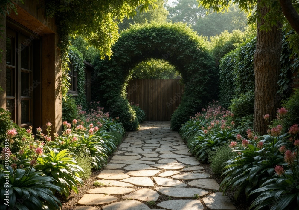 Beautiful garden pathway surrounded by lush greenery and blooming flowers in daylight Beautiful garden pathway surrounded by lush greenery and blooming flowers in daylight