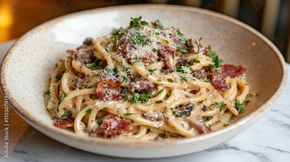 Spaghetti Carbonara garnished with crispy bacon, grated parmesan cheese, and fresh parsley served elegantly on a textured white plate. Spaghetti Carbonara garnished with crispy bacon, grated parmesan cheese, and fresh parsley served elegantly on a textured white plate.