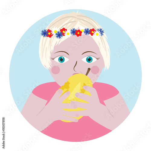 A beautiful Ukrainian girl with a wreath on her head eating a pear. Vector illustration in flat style.