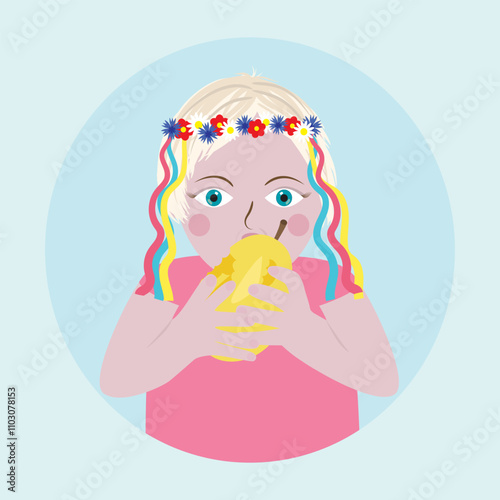 A beautiful Ukrainian girl with a wreath on her head eating a pear. Vector illustration in flat style.