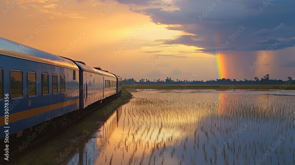 Rainbow Arcing Over Wet Paddy Fields at Sunset Rainbow Arcing Over Wet Paddy Fields at Sunset