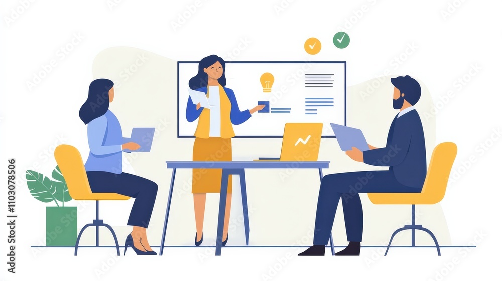A professional woman delivers an engaging presentation to her colleagues in a modern office. Two team members are focused on their devices, contributing to the discussion A professional woman delivers an engaging presentation to her colleagues in a modern office. Two team members are focused on their devices, contributing to the discussion